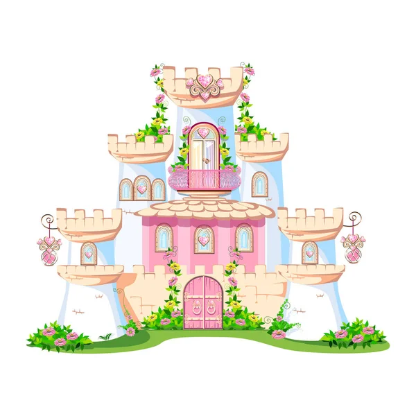 バルコニーとハート型の宝石 窓や門を持つ美しい王女のおとぎ話の美しいピンクの城 白い背景におとぎ話の建築のベクトルイラスト — ストックベクタ
