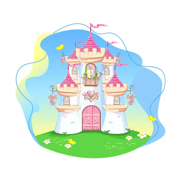 Сказочный Фон Замком Принцессы Лесу Замок Розовыми Флагами Драгоценными Сердцами — стоковый вектор