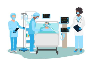 Doktor ve hemşire yoğun bakım ünitesindeki hastalara bakıyor. Teşekkürler hemşireler ve doktorlar. Tıbbi teknoloji ve hayat kurtarma. vektör illüstrasyonu.