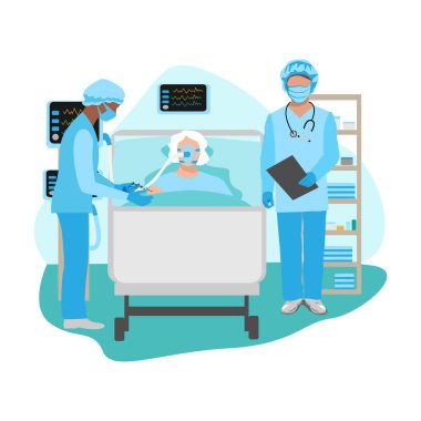 Doktor ve hemşire yoğun bakım ünitesindeki hastalara bakıyor. Teşekkürler hemşireler ve doktorlar. Tıbbi teknoloji ve hayat kurtarma. vektör illüstrasyonu.