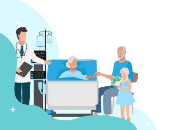 Aile, hastanede yaşlı ve mutlu bir hastayı ziyaret eder ve doktorla konuşur. Hasta, ziyaretçi ve doktor. Düz bir şekilde vektör illüstrasyonu.