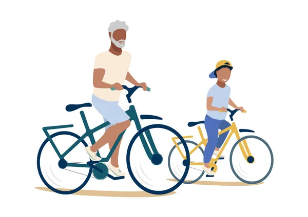 Mutlu Büyükbaba Torunuyla Bisiklet Sürüyor Aktif Emekliler Torunla Zaman Geçirmek — Stok Vektör