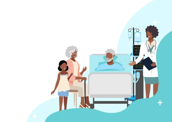 Família Visita Paciente Idoso Feliz Hospital Conversa Com Médico Paciente —  Vetores de Stock