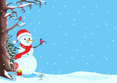 Kış arka planında kırmızı Noel şapkalı ve eşarplı bir kardan adam. Mutlu Noeller ve yeni yıl. Kış manzarasının arka planında çizgi film tarzında neşeli ve dost canlısı bir kardan adamın vektör çizimi.