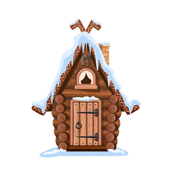 一个童话般的小木屋 由木料制成 屋顶被雪覆盖 有一个石柱烟囱和一个马蹄 以祈求好运 冬天的老村舍 用卡通风格的矢量图解 冬季童话故事背景 — 图库矢量图片