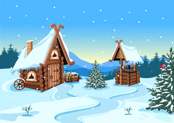 雪に覆われた屋根ときれいな水で古い井戸で作られた丸太で作られたおとぎ話の小屋 冬の古い村の家 漫画風のベクトルイラスト 冬のメルヘンの背景 — ストックベクタ