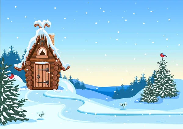 雪に覆われた屋根を持つ丸太で作られたおとぎ話の小屋 石の煙突と幸運のための馬蹄形 冬の古い村の家 漫画風のベクトルイラスト 冬のメルヘンの背景 — ストックベクタ
