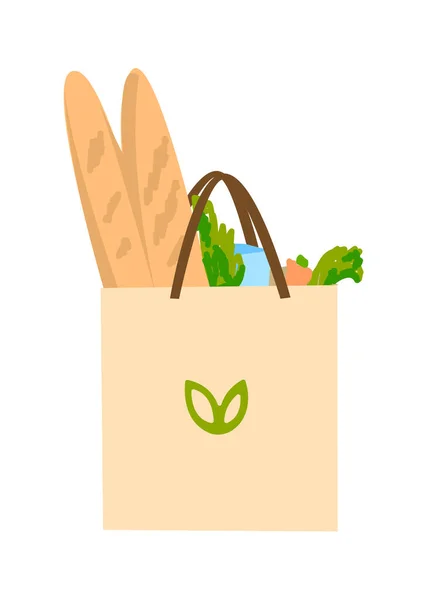 带白色背景产品的纸巾 面包和蔬菜装在有把手的环保袋中 矢量说明 — 图库矢量图片