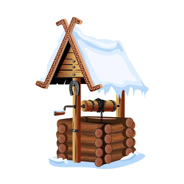 Rustikaler Alter Brunnen Aus Baumstämmen Mit Schneebedecktem Dach Mit Sauberem — Stockvektor