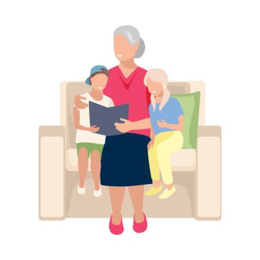Büyükannem torunlarına masal okur. Büyükannem torunlarıyla eğleniyor. Ailenle mutlu vakit geçir. Vektör illüstrasyonu beyaz arkaplanda izole edildi.