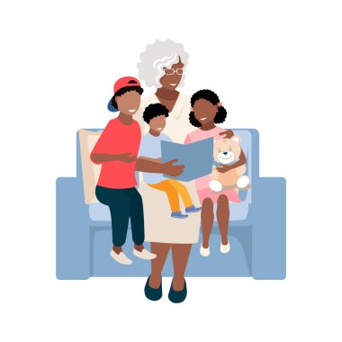 Büyükannem torunlarına masal okur. Büyükannem torunlarıyla eğleniyor. Ailenle mutlu vakit geçir. Vektör illüstrasyonu beyaz arkaplanda izole edildi.