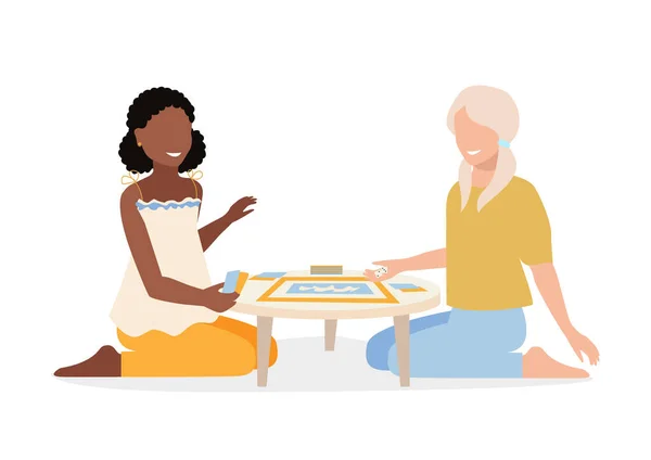 Two Girls Have Fun Playing Board Game Together Games Learning — Stock Vector