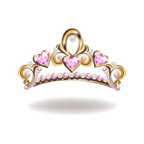 白を基調としたハートベクトルのイラストの形をした真珠とピンクの宝石を持つプリンセスクラウンまたはティアラ — ストックベクタ