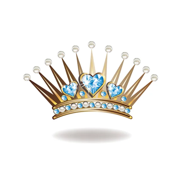 Princess Crown Tiara Pearls Blue Gems Shape Heart Vector Illustration — Stock Vector