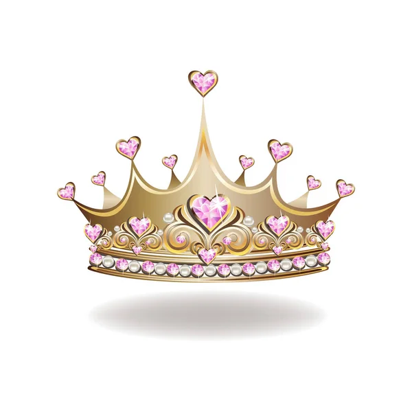 Hercegnő Korona Vagy Tiara Gyöngyökkel Rózsaszín Drágakövekkel Alakú Szív Vektor — Stock Vector