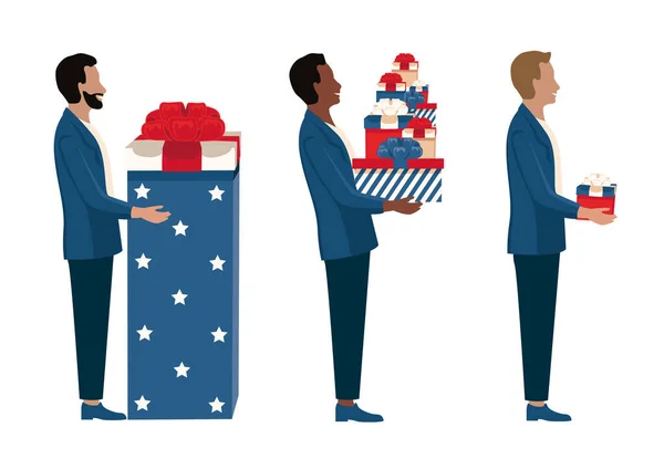 Happy Men Gifts Hands Set Vector Illustrations Friendly Men Simple — Stock Vector