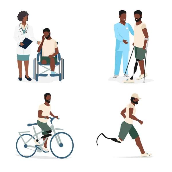 一组关于一个有假腿的男人的图片 一个被截肢后坐在轮椅上的残疾女孩 与医生一起学习如何在假肢上行走 骑自行车和跑步 矢量说明 — 图库矢量图片