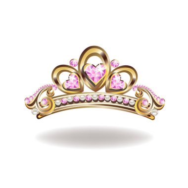 Prenses tacı ya da taç, incili ve pembe mücevherli kalp vektör çizimi şeklinde beyaz arka planda izole edilmiş..