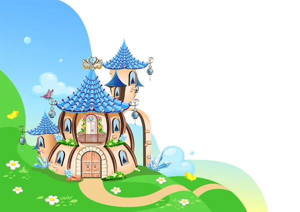 Märchenhafter Hintergrund Mit Prinzessinnenschloss Wald Schloss Mit Blauen Edelherzen Dächern — Stockvektor