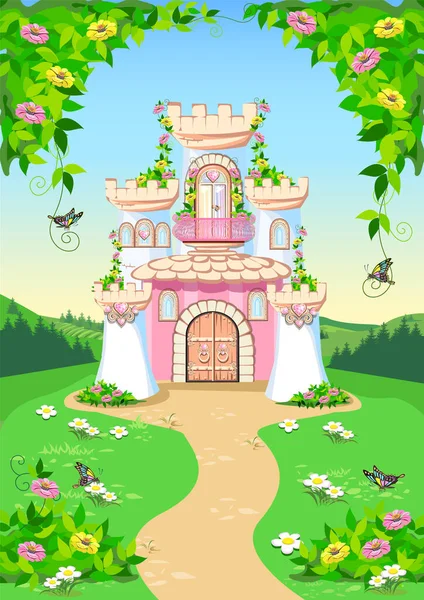 Sprookje Achtergrond Met Prinses Kasteel Het Bos Kasteel Met Roze — Stockvector