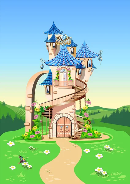 Märchenhafter Hintergrund Mit Prinzessinnenschloss Wald Schloss Mit Blauen Edelherzen Dächern — Stockvektor