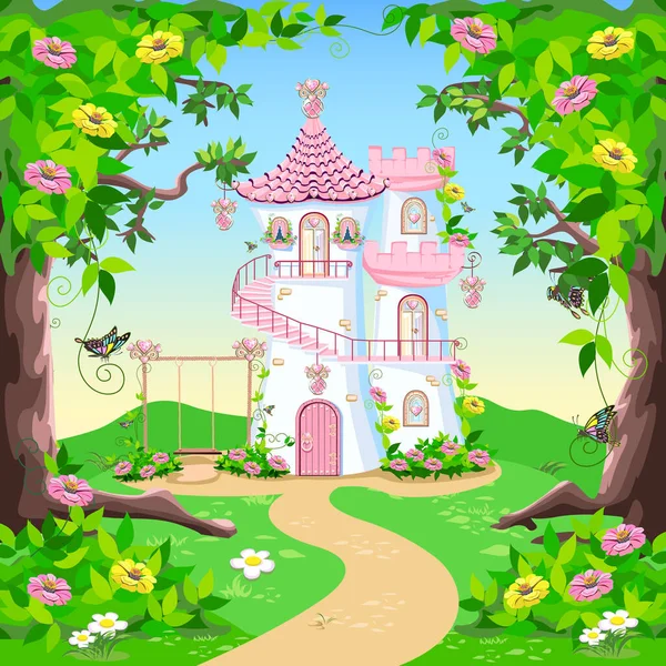 Märchenhafter Hintergrund Mit Prinzessinnenschloss Wald Burg Mit Rosa Fahnen Kostbaren — Stockvektor