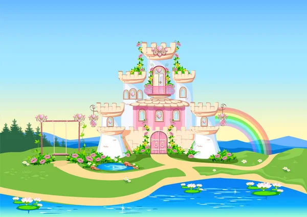 Märchenhafter Hintergrund Mit Prinzessinnenschloss Wald Burg Mit Rosa Fahnen Kostbaren — Stockvektor