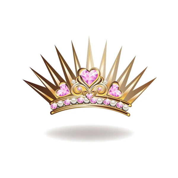Принцесса Корона Тиара Жемчугом Розовыми Драгоценными Камнями Форме Сердца Векторной — стоковый вектор