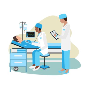 Hemşire reçete yazarken bir doktor hastane odasında bir hastayı muayene eder. Teşekkürler doktorlar ve hemşireler. Hastanedeki hastanın tedavisi ve bakımı.