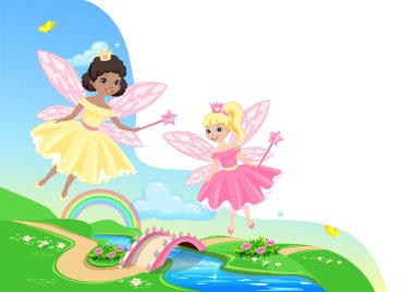 Peri masalı gibi arka planda iki sevimli peri. Gökkuşağı ve nehir üzerinde bir köprü. Sihirli değnekli peri prenses. Harikalar Diyarı. Rüyalar Diyarı. Vektör illüstrasyonu.