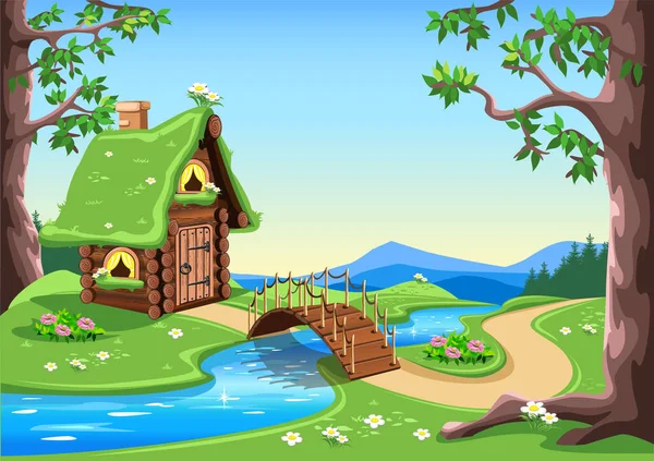 川の近くの森の中に緑の芝生の屋根を持つおとぎ話の木造の家 川を渡ってパスと木製の橋 森の家 夢の国 ベクターイラスト — ストックベクタ