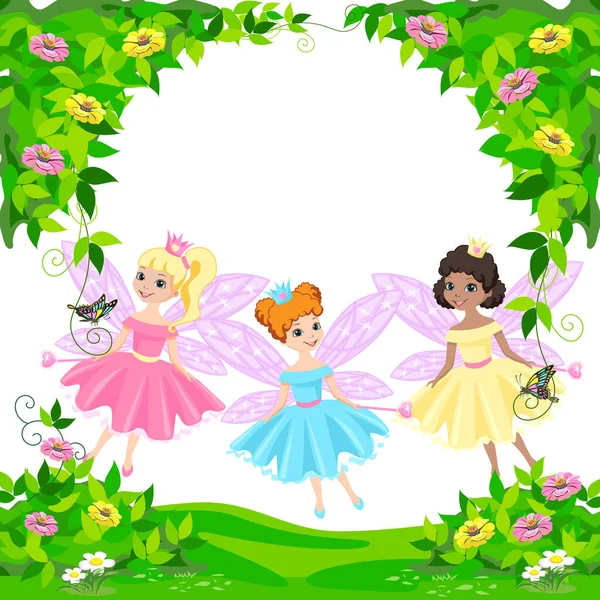 Drie Schattige Elfjes Bloementuin Sprookjesprinses Met Toverstaf Wonderland Dromenland Vectorillustratie — Stockvector