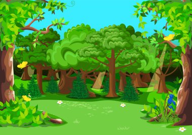 Masal ormanı, büyük ağaçlarla, çiçek açan çiçeklerle ve çizgi film tarzında sarı kelebeklerle kaplıdır. Peri masalı doğasının vektör çizimi.