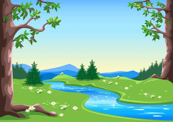 Märchenwald Mit Bäumen Blühenden Wiesen Fluss Und Blauem Himmel Cartoon — Stockvektor