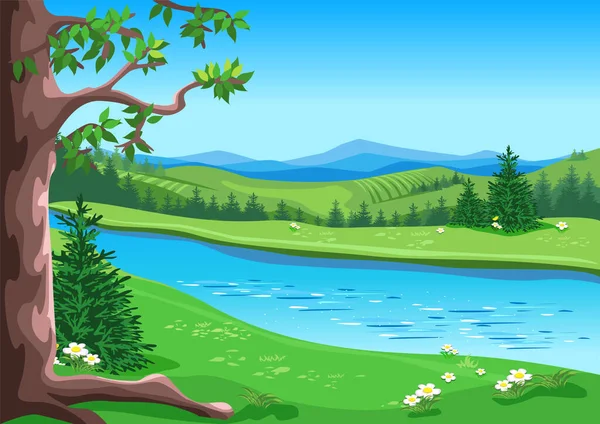 Fairytale Forest Trees Flowering Meadow River Blue Sky Cartoon Style — Image vectorielle