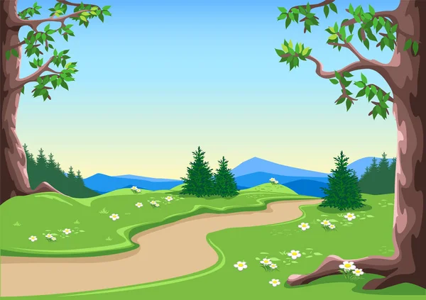 Cesta Pohádkovým Lesem Velkými Starými Stromy Kvetoucí Loukou Vektorová Ilustrace — Stockový vektor