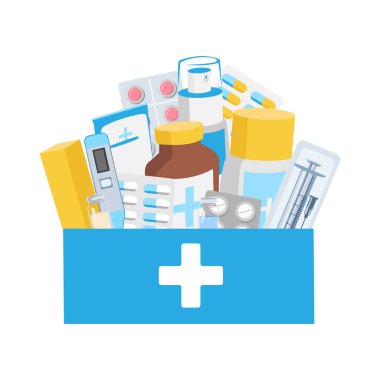 İlk yardım çantası ilaçlarla dolu. Haplar, kapsüller, merhemler, ampuller, şırıngalar, ilaç şişeleri bir kutuda. Vektör illüstrasyonu beyaz arkaplanda izole edildi.