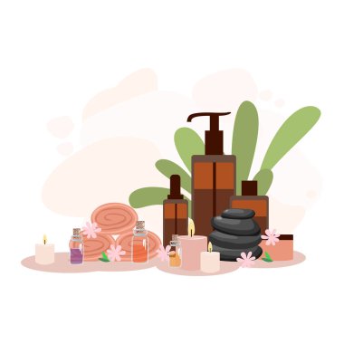 Masajlı, aromatik yağlı ve kozmetik kremli şişelerin bileşimi. Kaplıcada dinlenme. Reklamcılık, el ilanları ve sosyal medya için vektör illüstrasyonu.