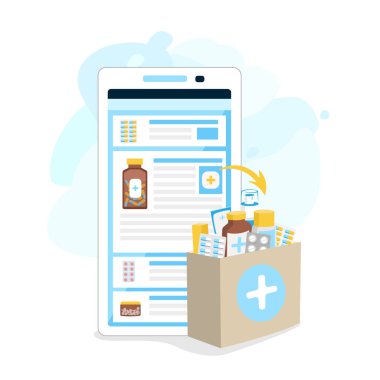 Beyaz arka planda izole edilmiş internet eczanesinin düz vektör çizimi. Sağlık ve ilaç. Akıllı telefondan başvuru formu ile ilaç sipariş etmek. Evde ilaç var. Haplar, ilaçlar, kapsüller, 