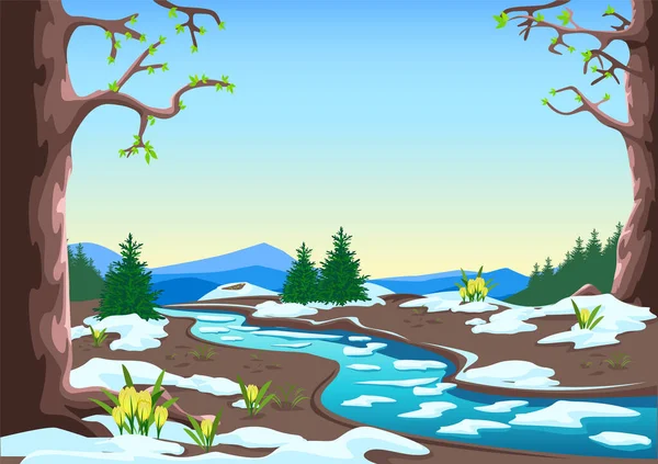 有大树 融化的雪和初开的花朵 河上的冰漂流 美丽的春天背景插图 — 图库矢量图片