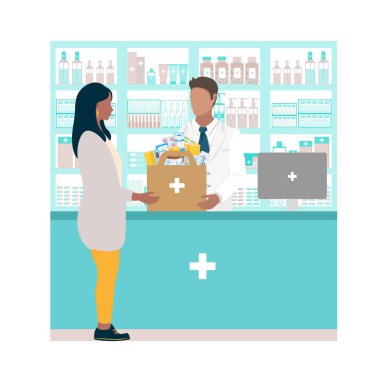 Customers in a pharmacy talk to a pharmacist and buy medicines. Pharmacy shelves are filled with vials of medicines, pills, capsules and medical supplies. Vector illustration.