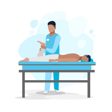 Hasta bir fizyoterapistle ortopedik rehabilitasyona giriyor. Fizyoterapi. Hastalık ve sakatlıktan sonra sağlığın düzeltilmesi. Düz vektör illüstrasyonu.