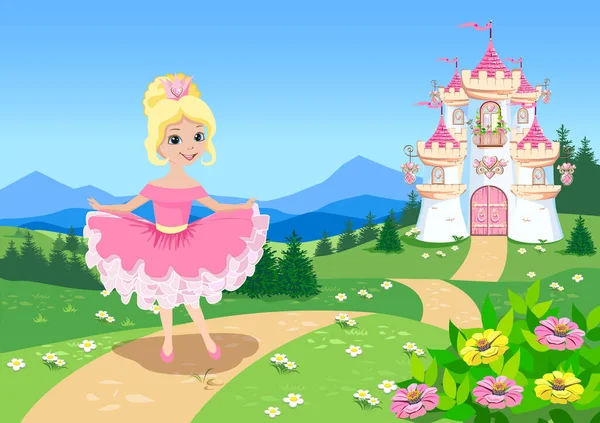 Beautiful Princess Pink Dress Walks Path Fairy Tale Castle Vector — Vetor de Stock