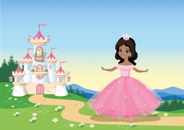 Beautiful Princess Pink Dress Walks Path Fairy Tale Castle Vector — Stockvector