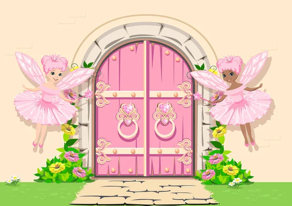 Two Cute Little Fairies Pink Dresses Hover Door Fairy Tale — Stockvector