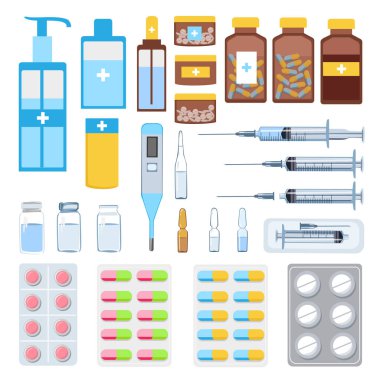 First aid kit with medicines. Tablets, capsules, ointments, ampoules, syringes, medicine bottles. Set vector illustration isolated on white background in flat style.