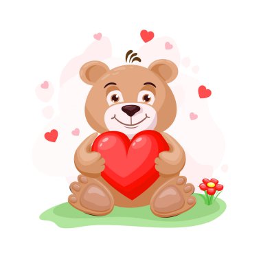 cute teddy bear in love with a red heart in a cartoon style. Happy Valentine's Day greeting card. Vector illustration.