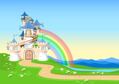 Fairytale background with princess castle in blooming valley. Castle with blue flags, precious hearts, rooftops, towers and gates in a beautiful landscape. Vector illustration for a fairy tale.