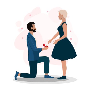 young man holds a diamond ring in his hand and proposes marriage to a young woman. Beautiful young and loving couple. Happy Valentine's Day. Vector illustration.