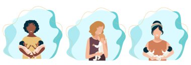 Anne, doğumdan sonra kollarında bir bebekle. Anneliğin keyfi. Çocukları sevmek ve onlarla ilgilenmek. Anneler Günü. Vektör illüstrasyon kümesi.